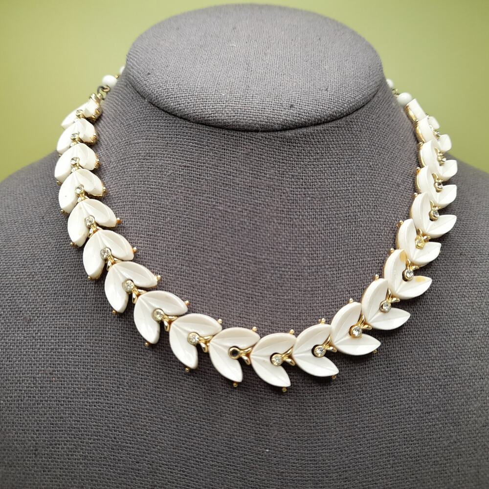 Vintage White Lucite Choker Necklace, Gold Tone, 1950s, 15 1/2 Inches